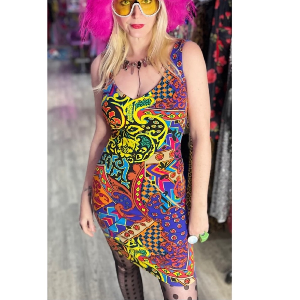 Betsy Johnson Punk Label Vintage 80’s Graphic Print Bodycon Mini Dress, GUC,RARE